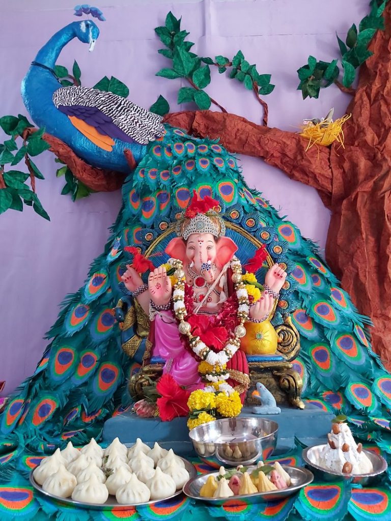 Peacock theme decoration Ganapati Bappa Morya