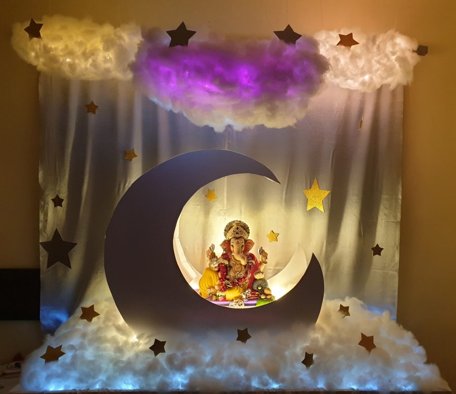 Home ganpati decoration moon with clouds | Ganapati Bappa Morya